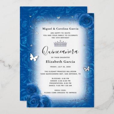 Royal Blue Floral Watercolor Quinceañera Silver Foil Invitations
