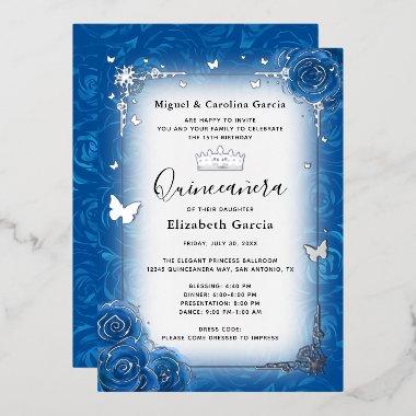 Royal Blue Floral Watercolor Quinceañera Silver Foil Invitations