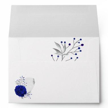 royal blue flower silver leaves white wedding envelope