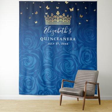 Royal Blue Gold Black Floral Quinceanera Photo Tapestry