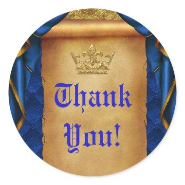 Royal Blue & Gold Drapes Scroll Wedding Favor Classic Round Sticker