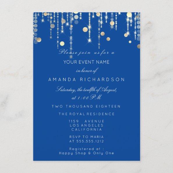 Royal Blue Gold Drips Birthday Bridal Shower Invitations