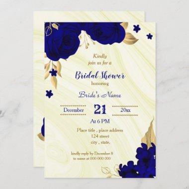 royal blue gold floral bridal shower Invitations