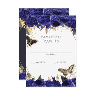 Royal Blue Gold Floral Butterflies Quinceanera RSVP Card