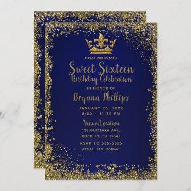 Royal Blue & Gold Glitter Crown Sweet 16 Party Invitations