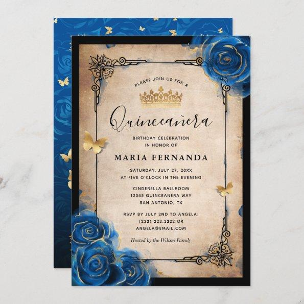 Royal Blue Gold Watercolor Elegant Quinceanera Invitations