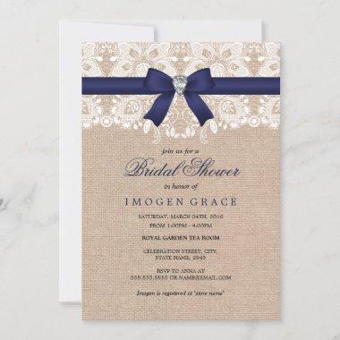 Royal Blue Lace & Burlap Bridal Shower Invitations