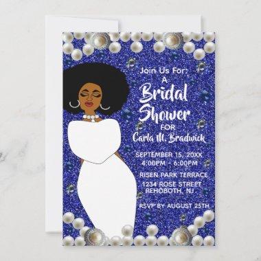 Royal Blue, Pearls African American Bridal Shower Invitations