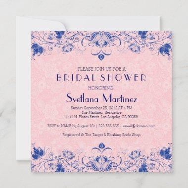 Royal Blue & Pink Lace Bridal Shower Invitations