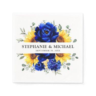 Royal Blue Rustic Sunflower Modern Floral Wedding Napkins