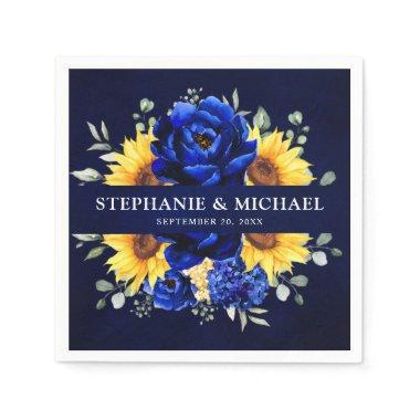 Royal Blue Rustic Sunflower Modern Floral Wedding Napkins