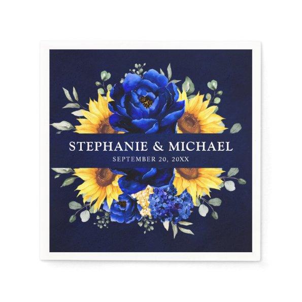 Royal Blue Rustic Sunflower Modern Floral Wedding Napkins