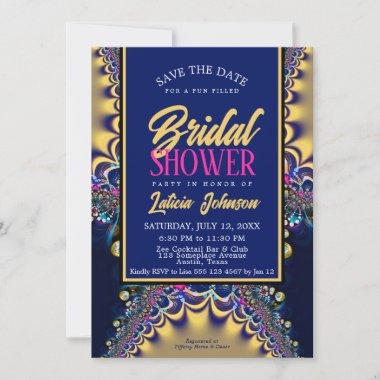 Royal Blue Satin Gold Fractal Lace Bridal Shower Invitations
