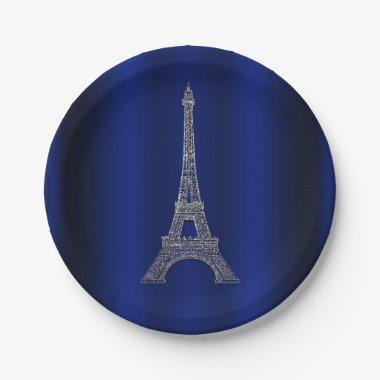 Royal Blue Silver Eiffel Tower Paris Chic Wedding Paper Plates