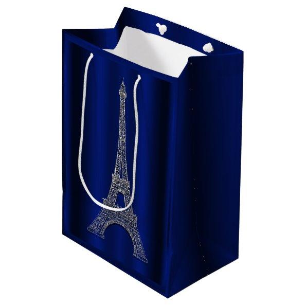 Royal Blue Silver Eiffel Tower Paris Wedding Favor Medium Gift Bag