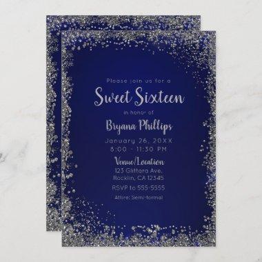 Royal Blue & Silver Glitter Glam Sweet 16 Party Invitations