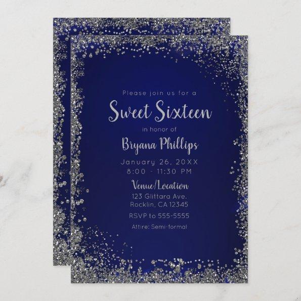 Royal Blue & Silver Glitter Glam Sweet 16 Party Invitations