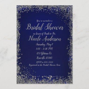 Royal Blue & Silver Glitter Modern Bridal Shower Invitations