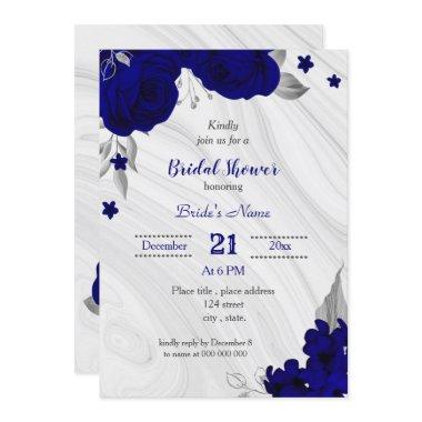 royal blue silver gray floral bridal shower Invitations