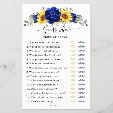Royal Blue Sunflower Bridal Shower Game Guess Who