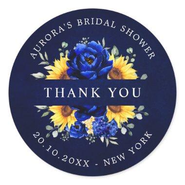 Royal Blue Sunflower Bridal shower thank you Class Classic Round Sticker