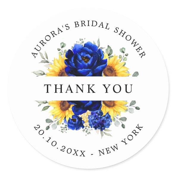Royal Blue Sunflower Bridal shower thank you Classic Round Sticker