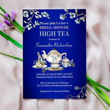 Royal blue vintage rustic watercolor high tea Invitations