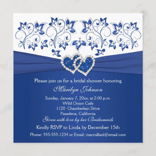 Royal Blue, White Floral Hearts Bridal Shower Invitations