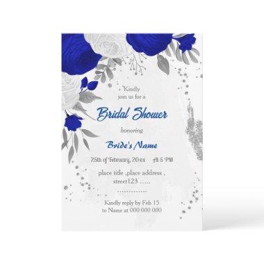 royal blue &white flowers silver bridal shower Invitations