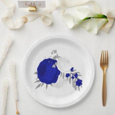 royal blue & white flowers silver paper plates