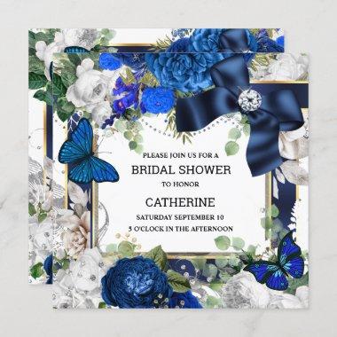 Royal blue white glitter bow diamond butterfly Invitations