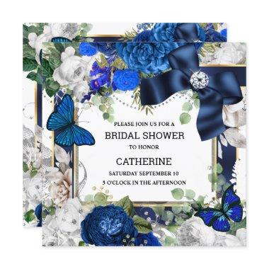 Royal blue white glitter bow diamond butterfly