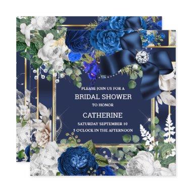 Royal blue white glitter bow diamond elegant chic Invitations