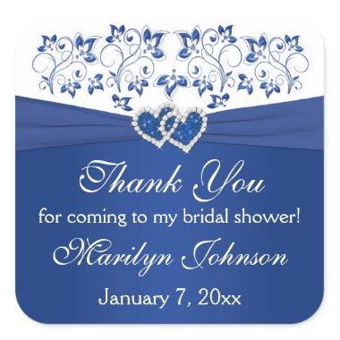 Royal Blue White Joined Hearts Bridal Shower Favor Square Sticker
