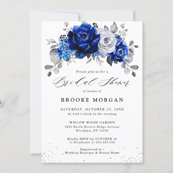 Royal Blue White Metallic Silver Bridal Shower Invitations