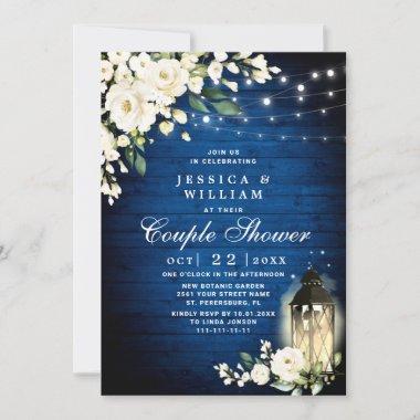Royal Blue White Rose Watercolor Couple Shower Invitations