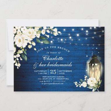 Royal Blue White Roses Lantern Bridesmaids Brunch Invitations