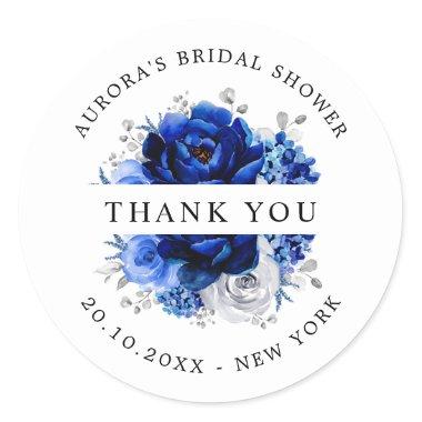 Royal Blue White Silver Bridal Shower Thank you Classic Round Sticker