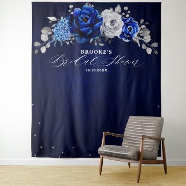 Royal Blue White Silver Floral  Tapes Tapestry