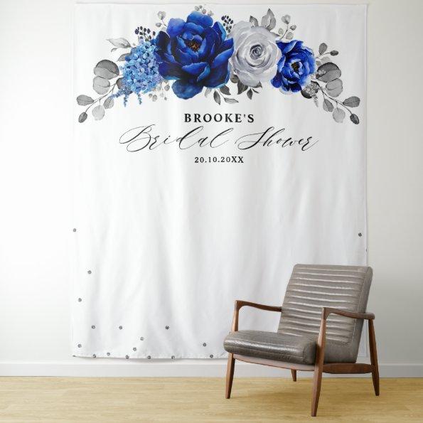 Royal Blue White Silver Floral Bridal shower Tapestry