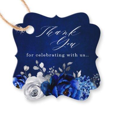 Royal Blue White Silver Floral Thank you Favor Tag