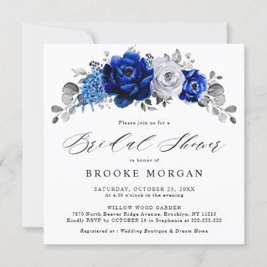 Royal Blue White Silver Metallic Bridal Shower Invitations