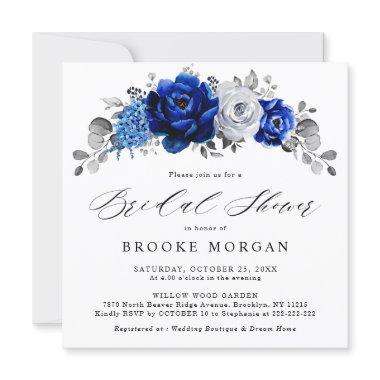 Royal Blue White Silver Metallic Bridal Shower Invitations