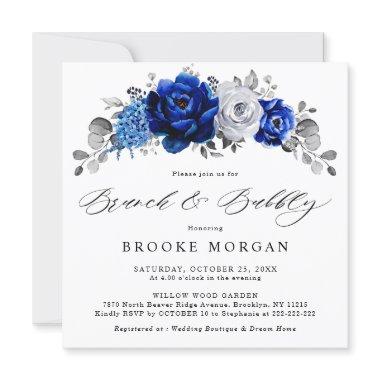 Royal Blue White Silver Metallic Brunch and Bubbly Invitations