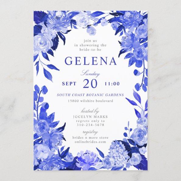 Royal Blue & White Watercolor Floral Bridal Shower Invitations
