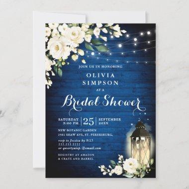 Royal Blue Wood White Roses Lantern Bridal Shower Invitations