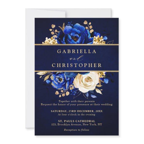 Royal Blue Yellow Gold Floral Bridal Shower Invita Invitations