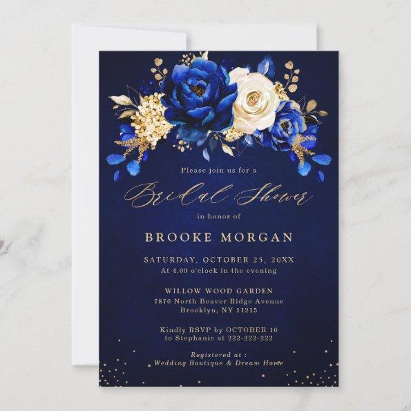 Royal Blue Yellow Gold Floral Bridal Shower Invita Invitations