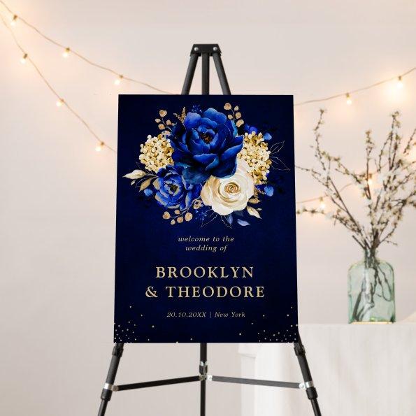 Royal Blue Yellow Gold Floral Wedding Welcome Foam Board