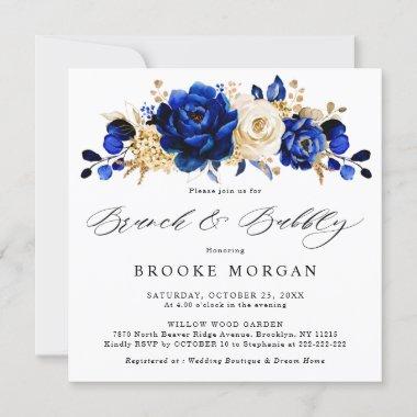 Royal Blue Yellow Gold Metallic Brunch and Bubbly Invitations